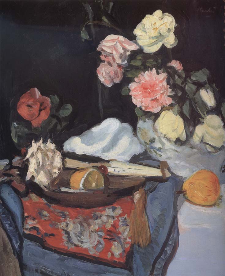 Fruit and Flowers on a Draped Table